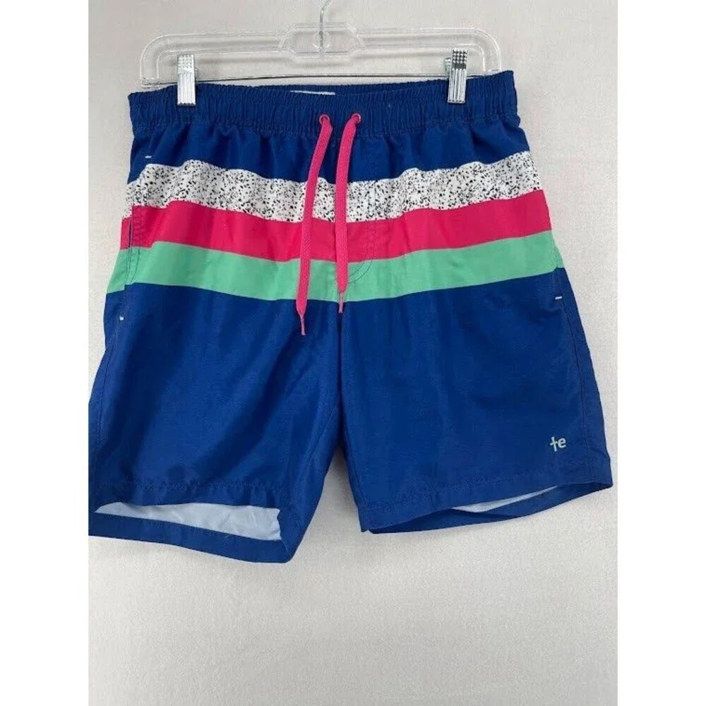 Men Tipsy Elves Lazy River Swim Trunk Shorts Blue Striped Back‎ Pocket Size S